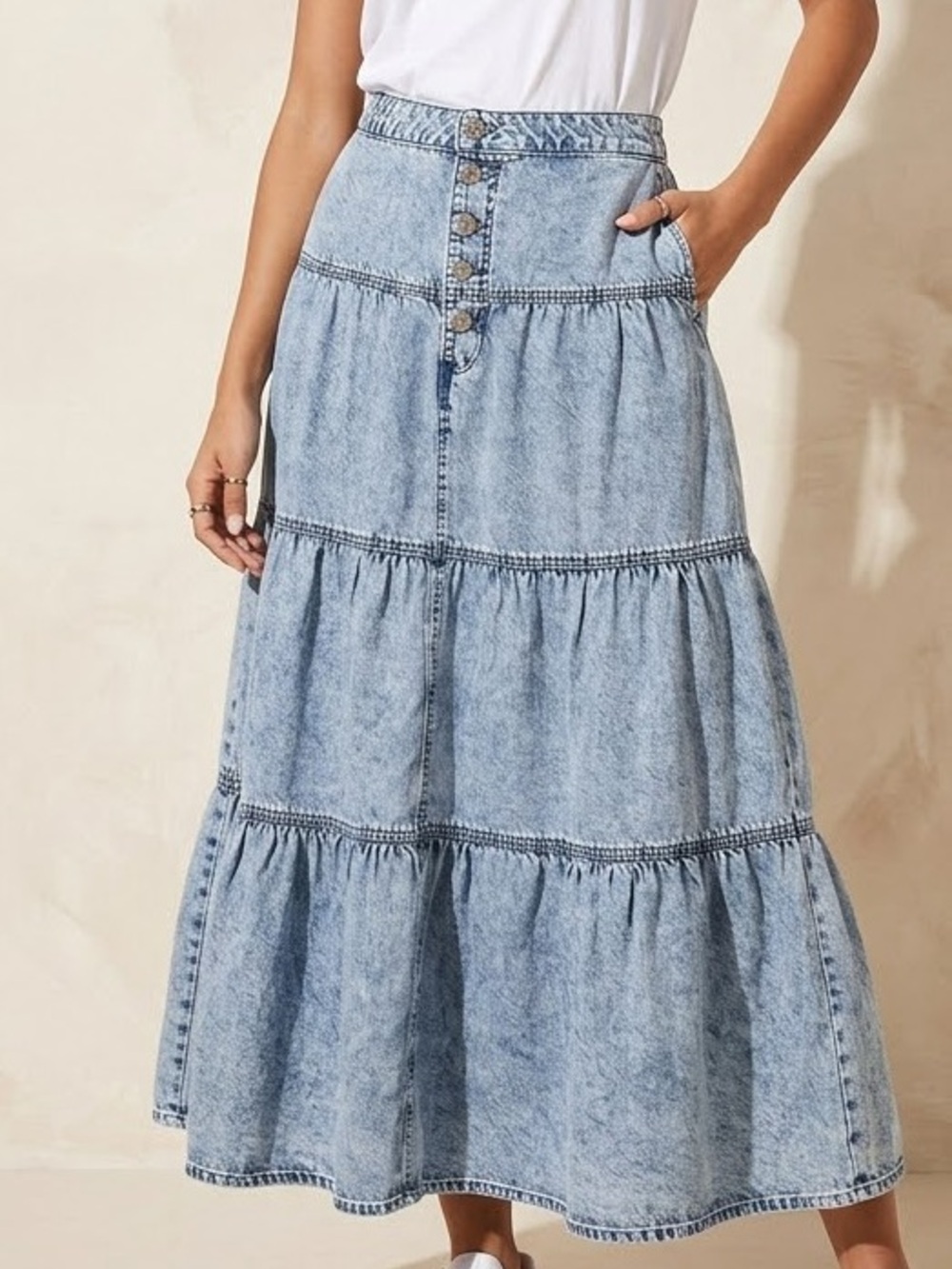 Maurices Light Blue Tiered Denim Maxi Skirt, Women’s Size 8, Fall Cottagecore